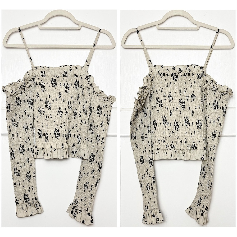 POLO RALPH LAUREN 90s Taupe Floral Square Neck Smocked Long Sleeve Ruffled Top S - Picture 5 of 10